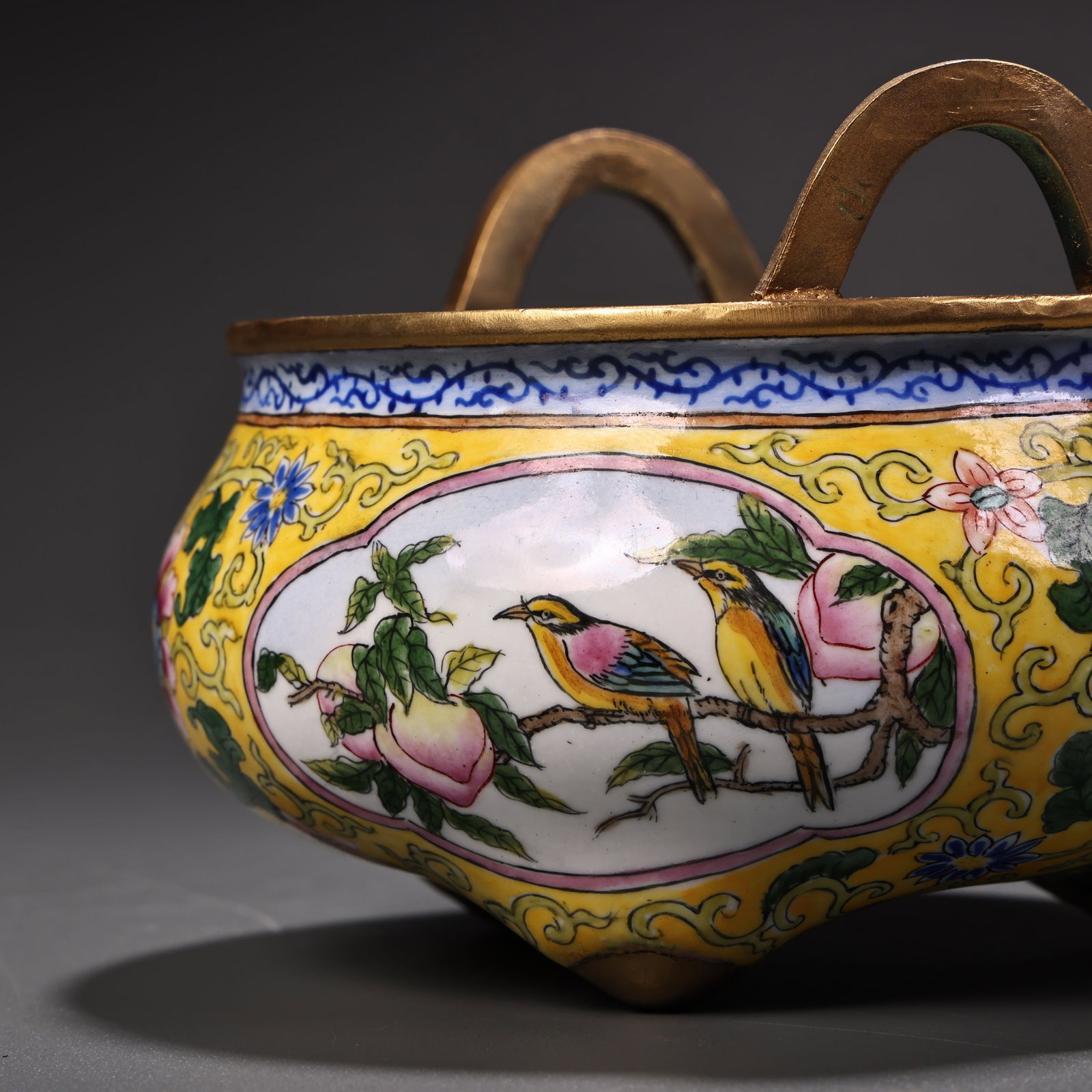 Gilt Gold Bronze Cloisonne Incense Burner Flower Bird - 6