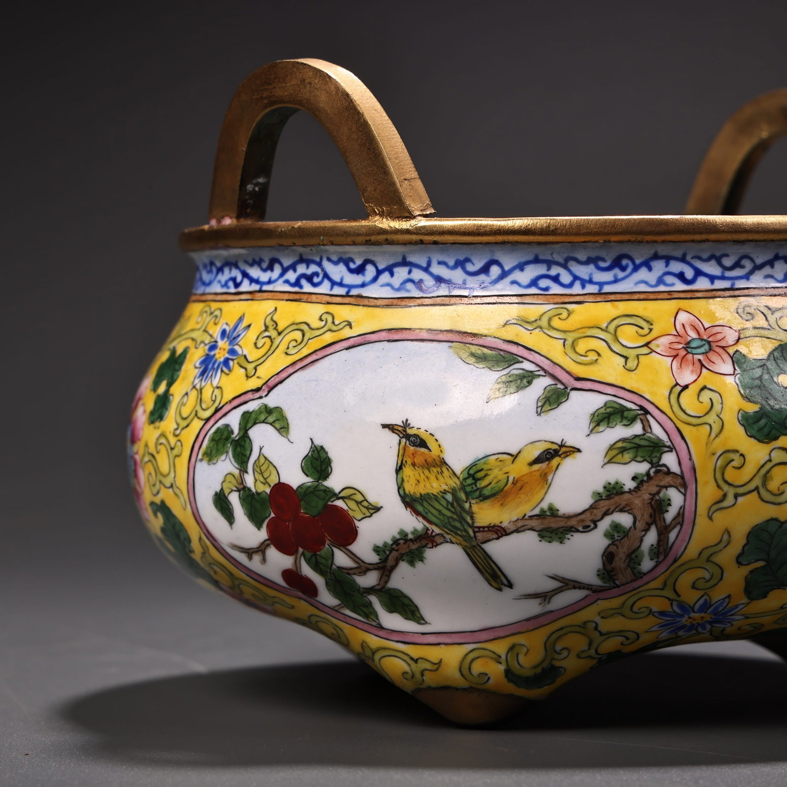 Gilt Gold Bronze Cloisonne Incense Burner Flower Bird - 9