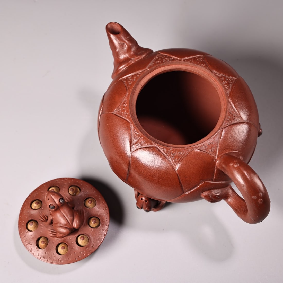 Yixing Zisha Clay Frog Teapot w Artist Signed - 3