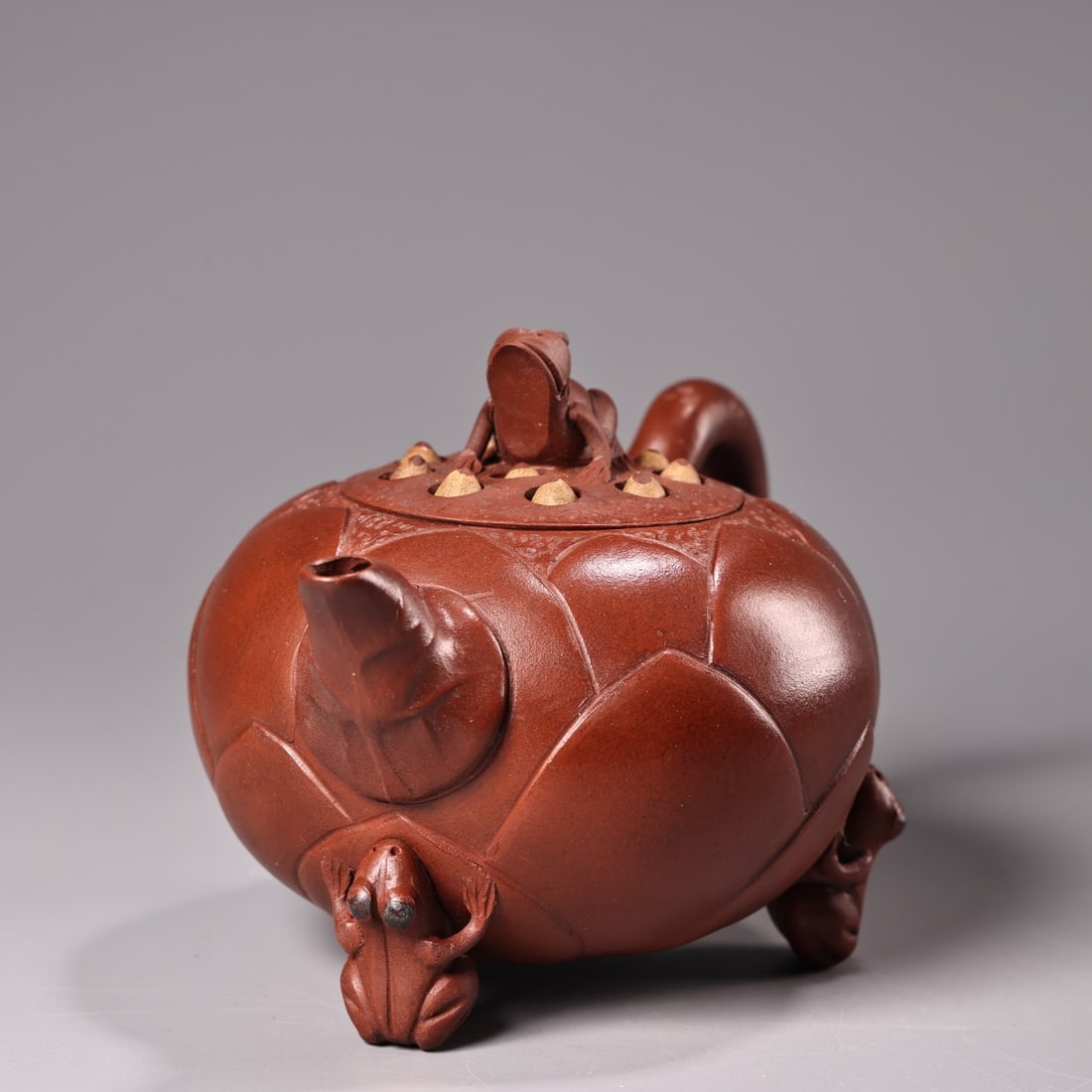 Yixing Zisha Clay Frog Teapot w Artist Signed - 4