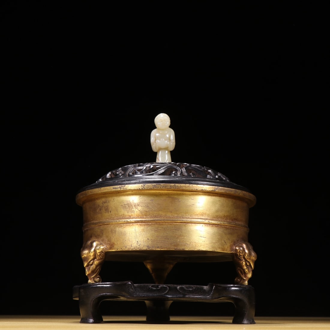 Gilt Gold Copper Incense Burner & Openwork Zitan Wood Inlay Hetian Jade Lid (1 of 9)