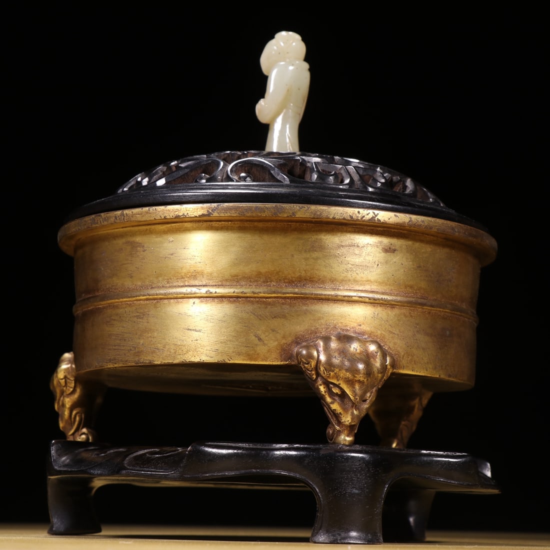 Gilt Gold Copper Incense Burner & Openwork Zitan Wood Inlay Hetian Jade Lid - 2
