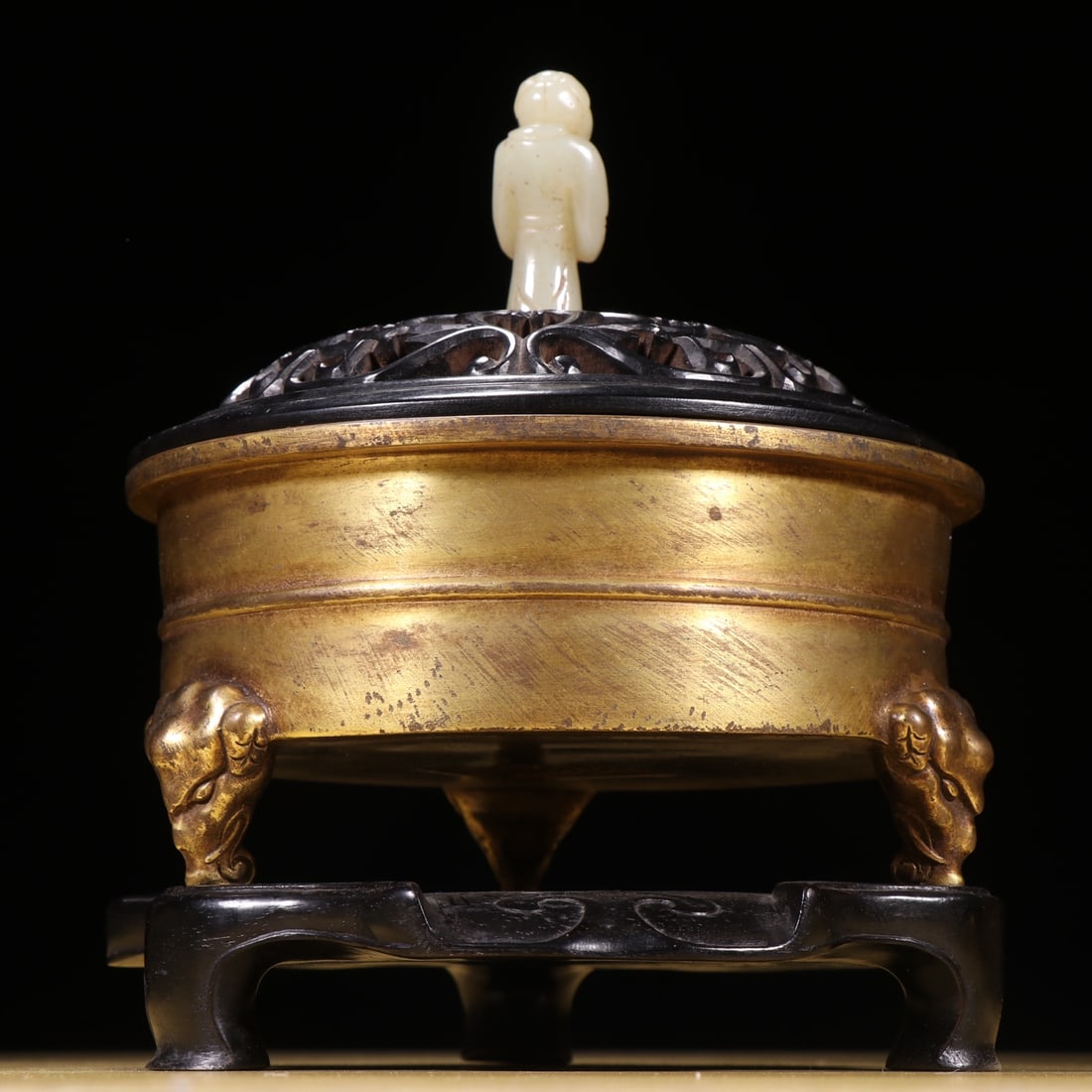 Gilt Gold Copper Incense Burner & Openwork Zitan Wood Inlay Hetian Jade Lid - 3