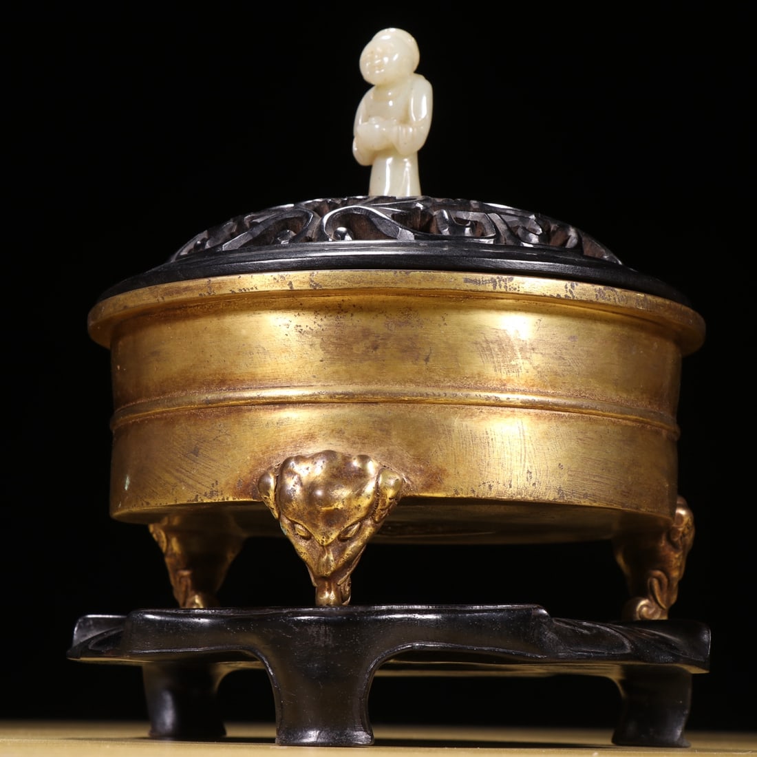 Gilt Gold Copper Incense Burner & Openwork Zitan Wood Inlay Hetian Jade Lid - 4