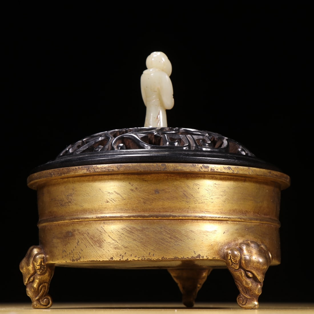 Gilt Gold Copper Incense Burner & Openwork Zitan Wood Inlay Hetian Jade Lid - 5