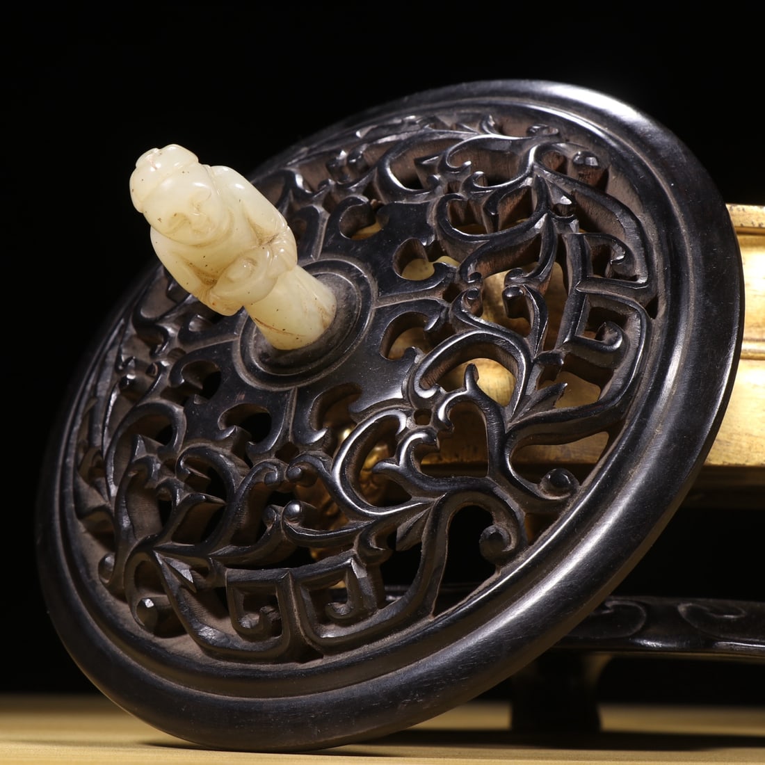 Gilt Gold Copper Incense Burner & Openwork Zitan Wood Inlay Hetian Jade Lid - 7