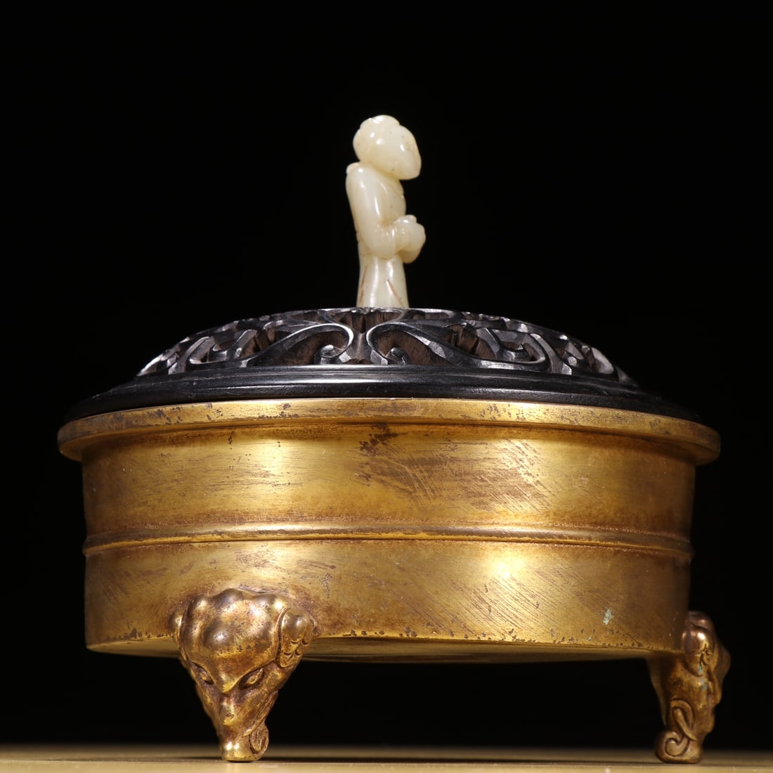 Gilt Gold Copper Incense Burner & Openwork Zitan Wood Inlay Hetian Jade Lid - 9