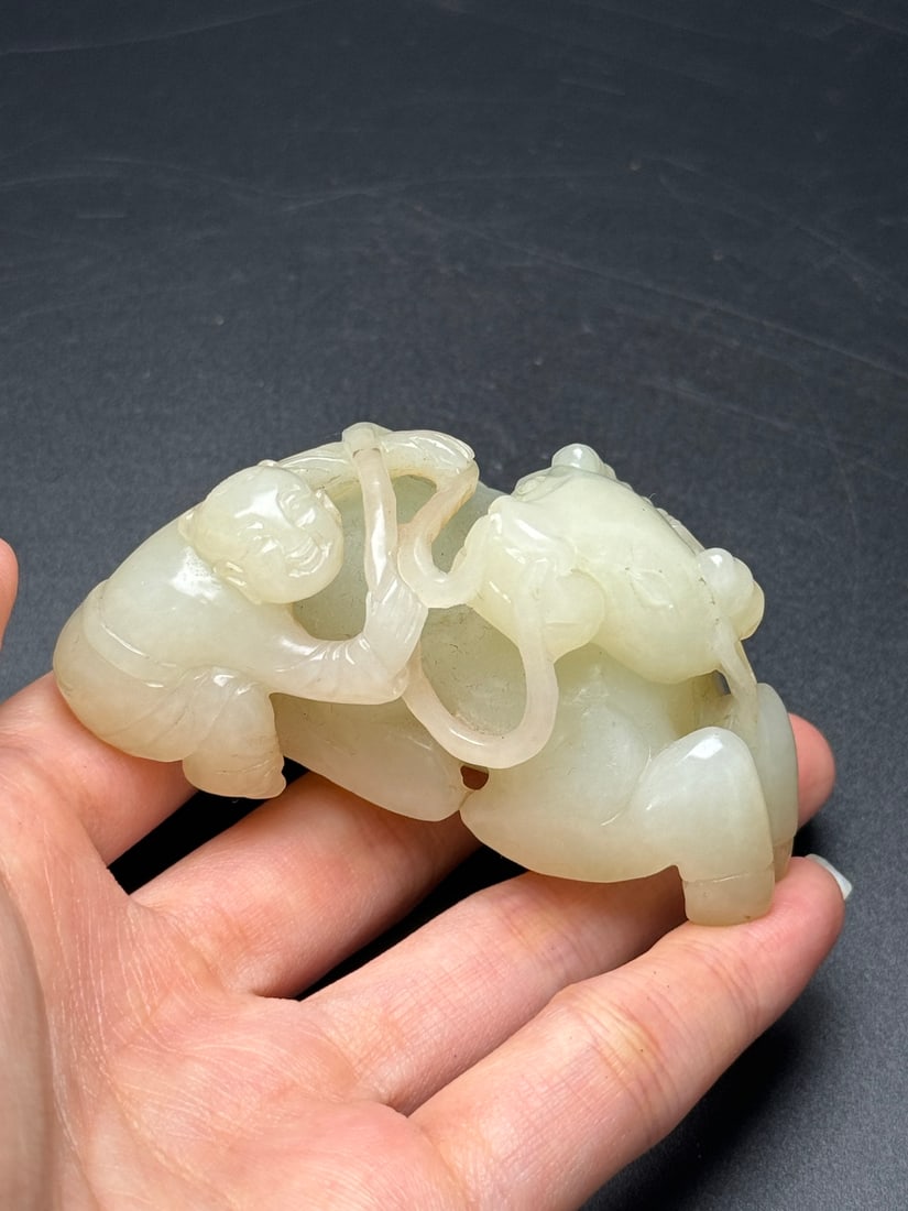 Hetian Jade Hand-Carved Ox & Kid Pendant Statue - 8