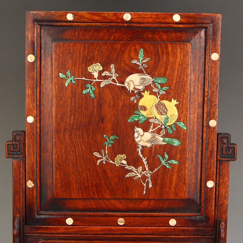 Huali Wood Inlay Shell Flower Bird Screen Statue - 2