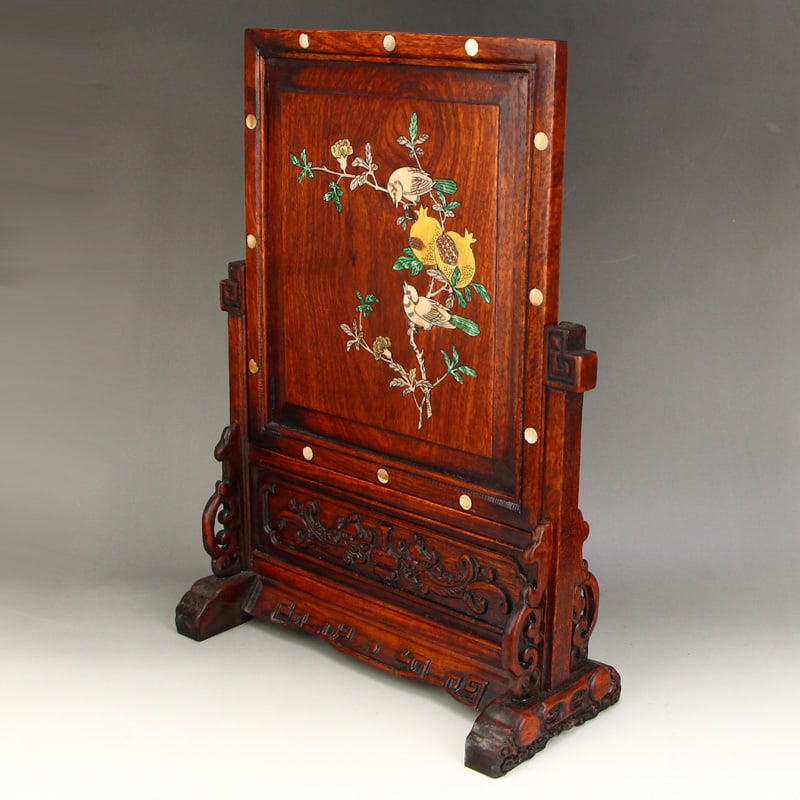 Huali Wood Inlay Shell Flower Bird Screen Statue - 7