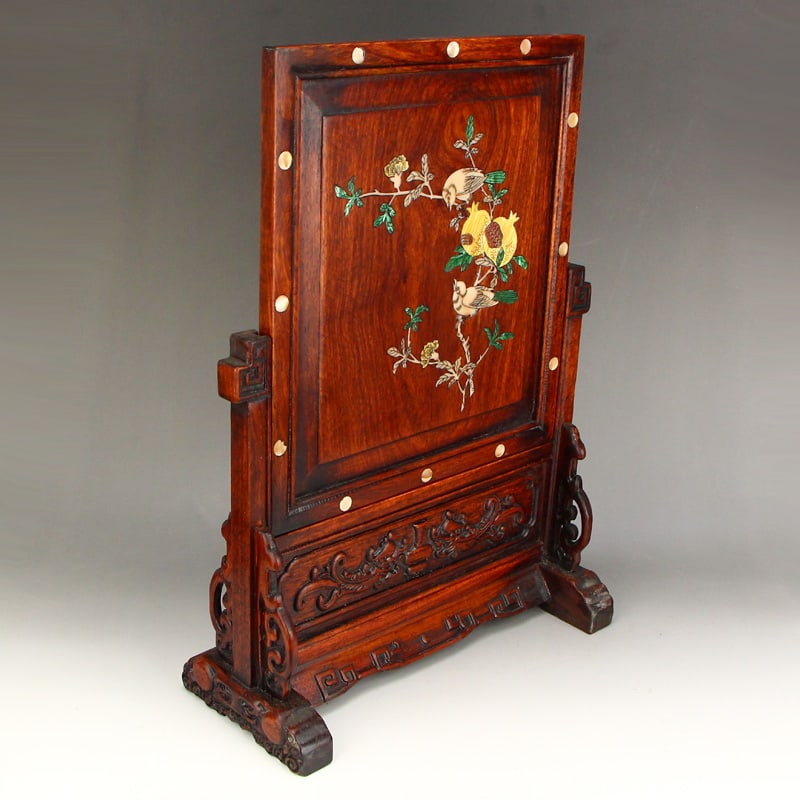Huali Wood Inlay Shell Flower Bird Screen Statue - 8
