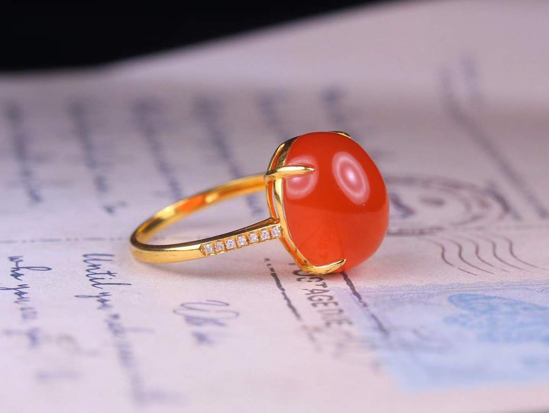 18K Gold Inlay Nanhong Agate,Diamond Ring with Certificate (1 of 6)