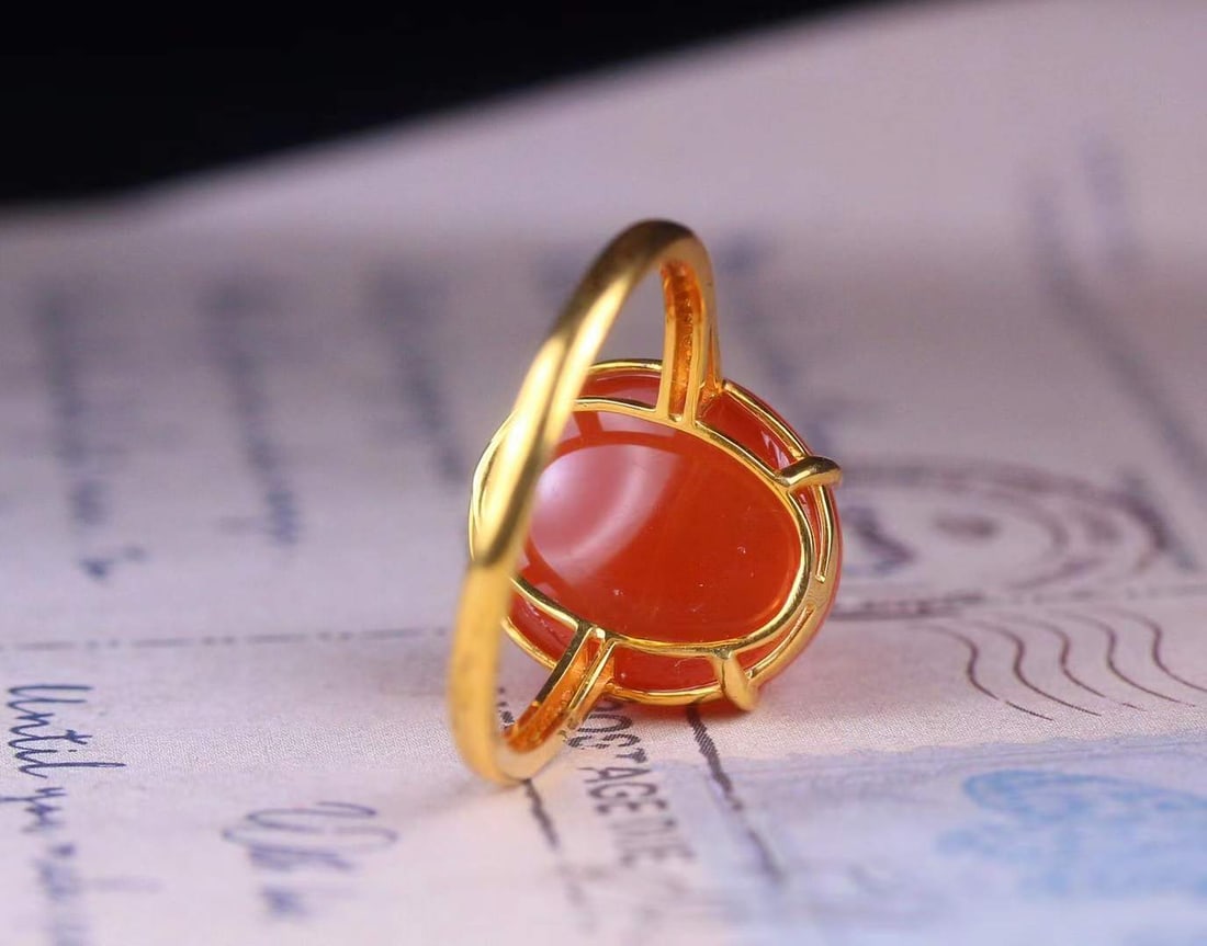 18K Gold Inlay Nanhong Agate,Diamond Ring with Certificate - 2