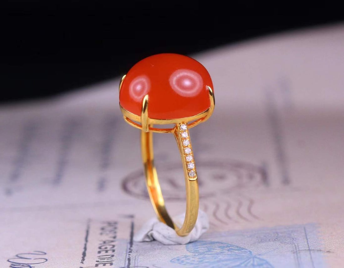 18K Gold Inlay Nanhong Agate,Diamond Ring with Certificate - 3