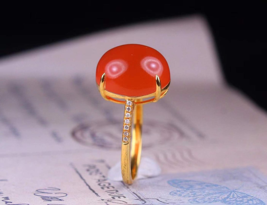 18K Gold Inlay Nanhong Agate,Diamond Ring with Certificate - 4