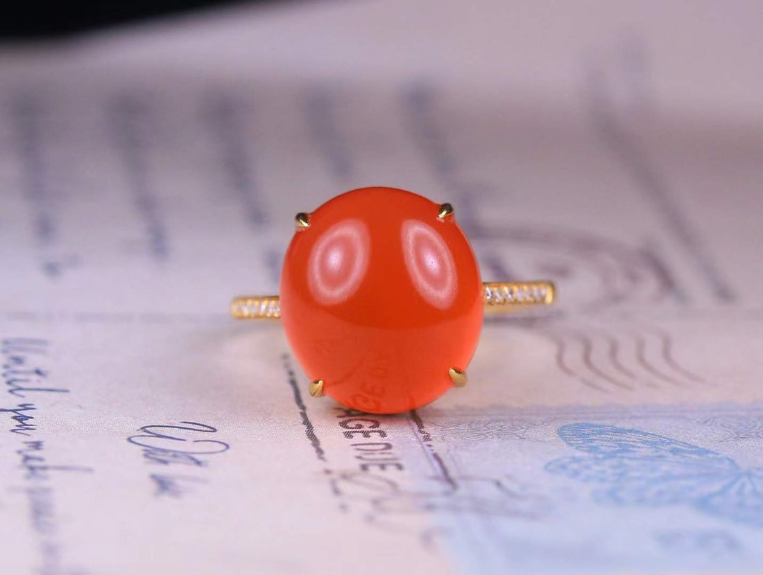 18K Gold Inlay Nanhong Agate,Diamond Ring with Certificate - 5