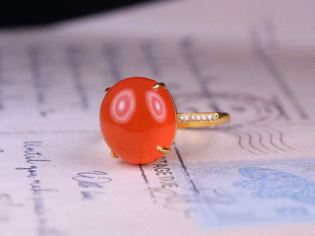 18K Gold Inlay Nanhong Agate,Diamond Ring with Certificate - 6