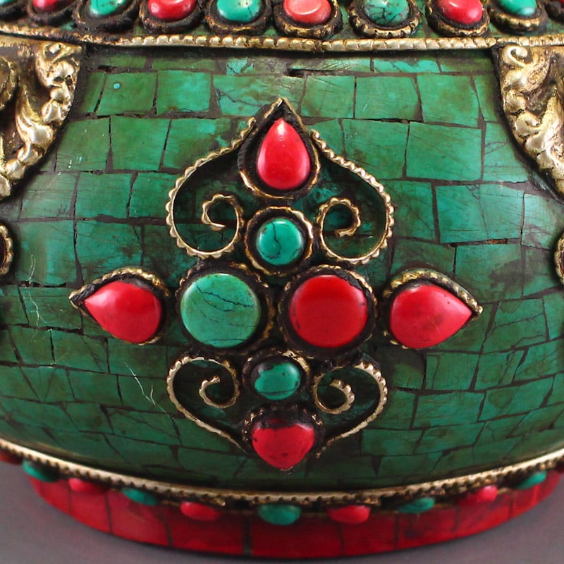 Tibetan Bronze Inlay Turquoise,Gem Handle Teapot - 2
