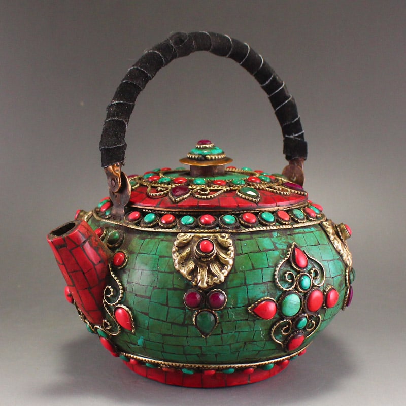 Tibetan Bronze Inlay Turquoise,Gem Handle Teapot - 3