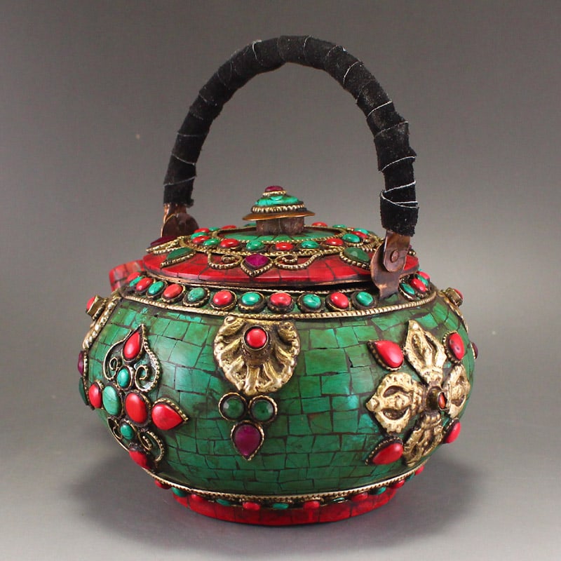 Tibetan Bronze Inlay Turquoise,Gem Handle Teapot - 4