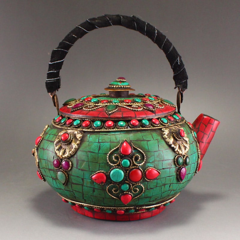 Tibetan Bronze Inlay Turquoise,Gem Handle Teapot - 5