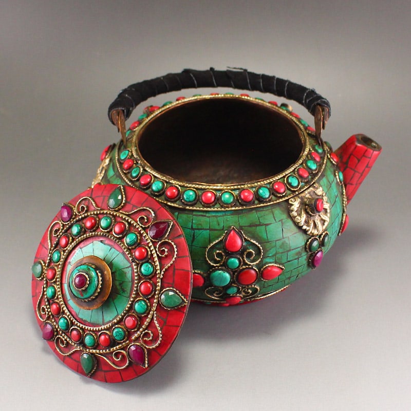 Tibetan Bronze Inlay Turquoise,Gem Handle Teapot - 6