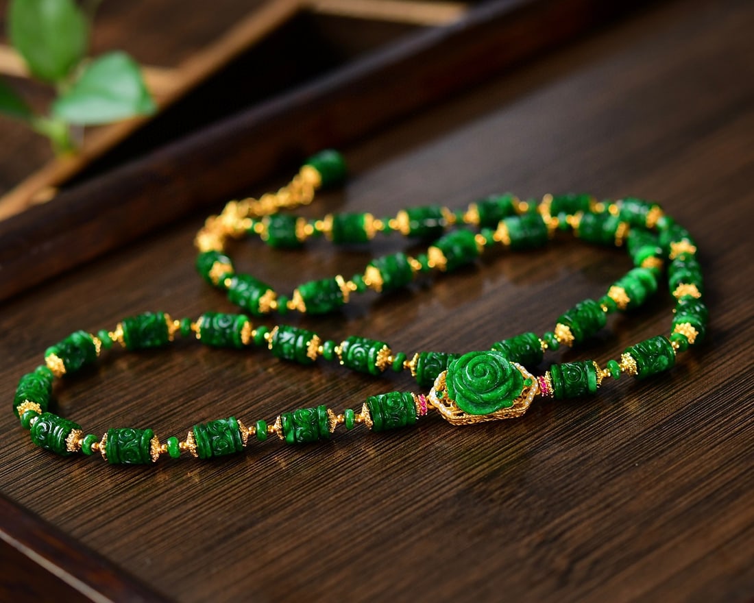 Natural Green Jadeite Necklace with Certificate: Title: Natural Green Jadeite Necklace with Certificate Origin: Chinese Date/Period: After2025 Materials: Jadeite Dimensions: 8x7(mm) 0.31x0.28(inches) Reserve: $1,599.00 Shipping: Domestic: Shipping