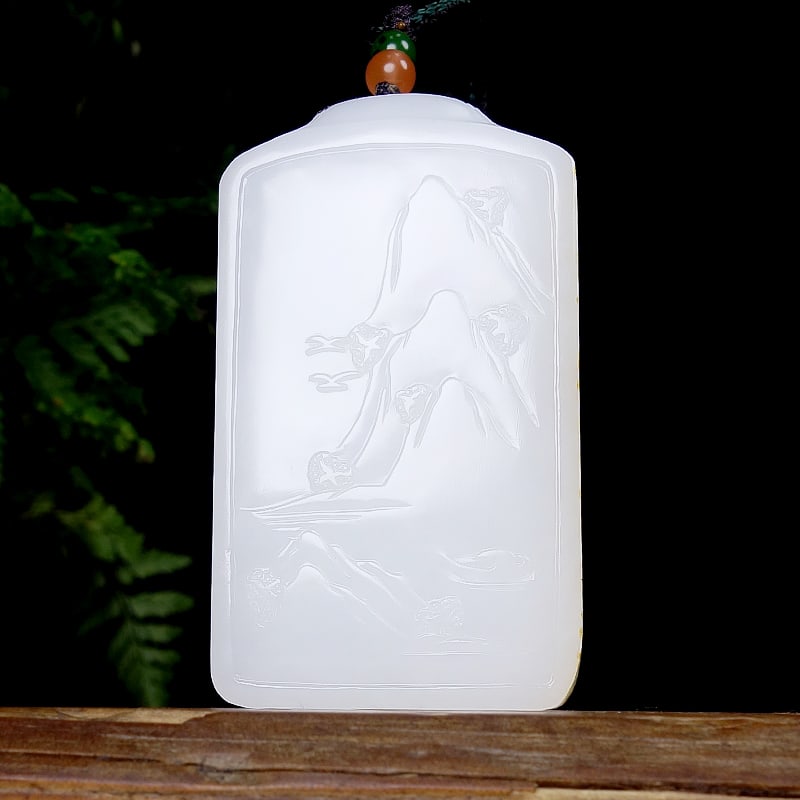 White Hetian Jade Hand-Carved Mountain River Scene Pendant with Certificate (1 of 8)