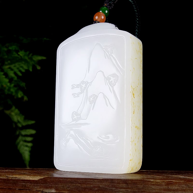 White Hetian Jade Hand-Carved Mountain River Scene Pendant with Certificate - 2