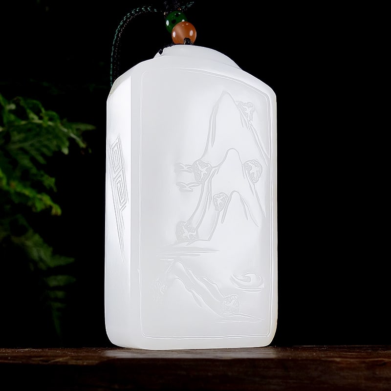 White Hetian Jade Hand-Carved Mountain River Scene Pendant with Certificate - 3