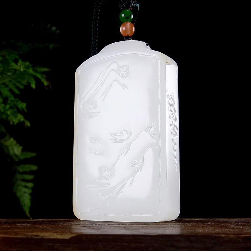 White Hetian Jade Hand-Carved Mountain River Scene Pendant with Certificate - 4