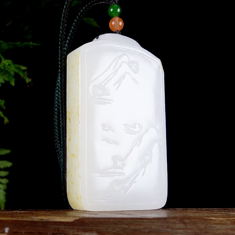 White Hetian Jade Hand-Carved Mountain River Scene Pendant with Certificate - 5
