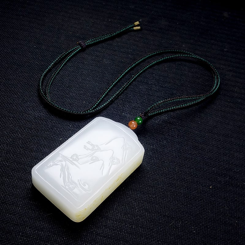 White Hetian Jade Hand-Carved Mountain River Scene Pendant with Certificate - 7