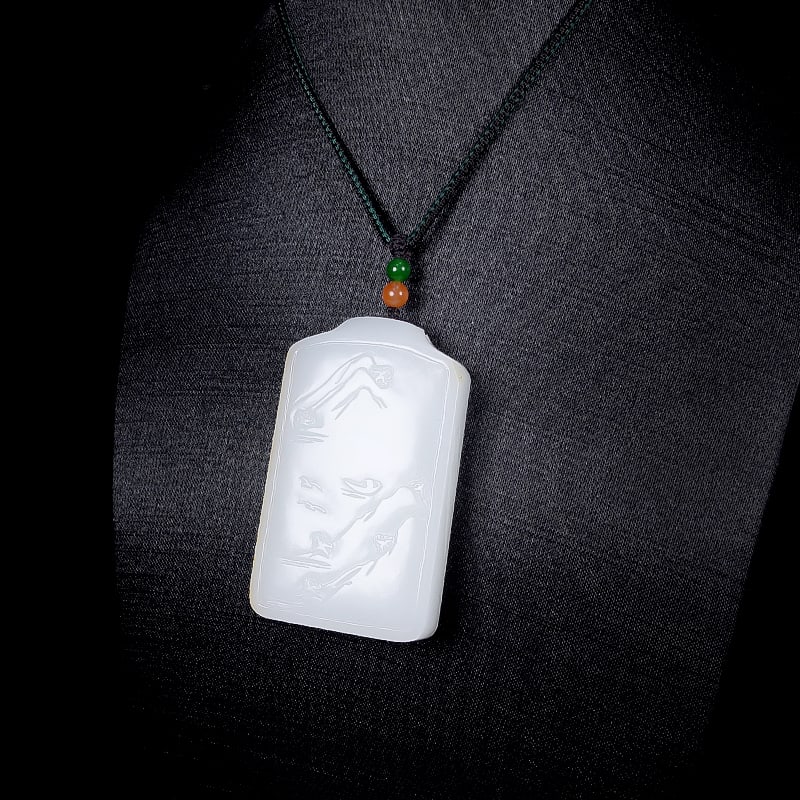 White Hetian Jade Hand-Carved Mountain River Scene Pendant with Certificate - 8