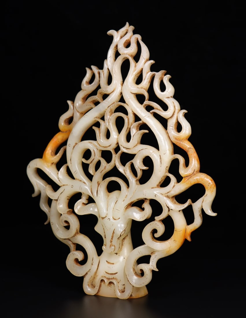 Openwork Hetian Jade Statue - Deer Head - 4