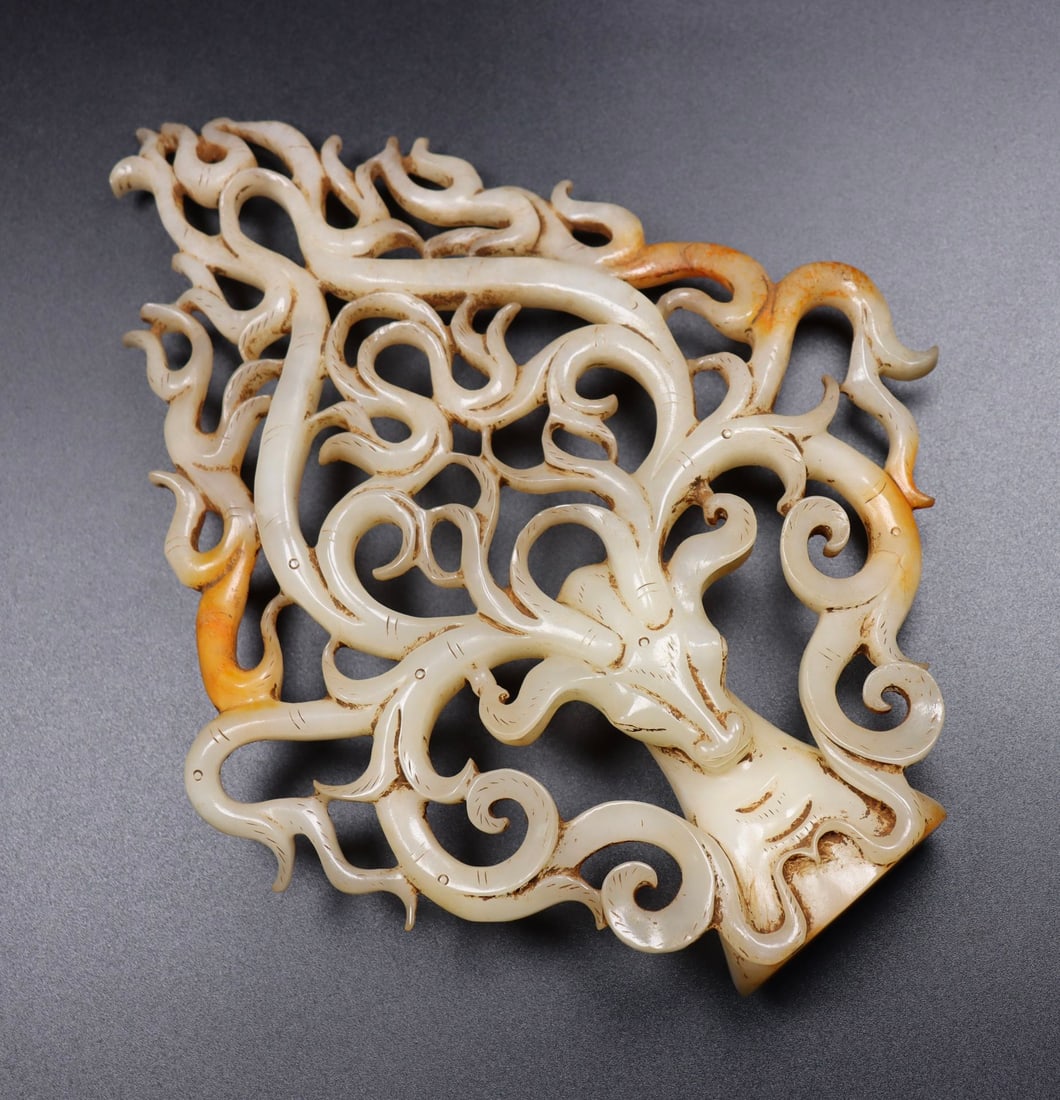 Openwork Hetian Jade Statue - Deer Head - 8