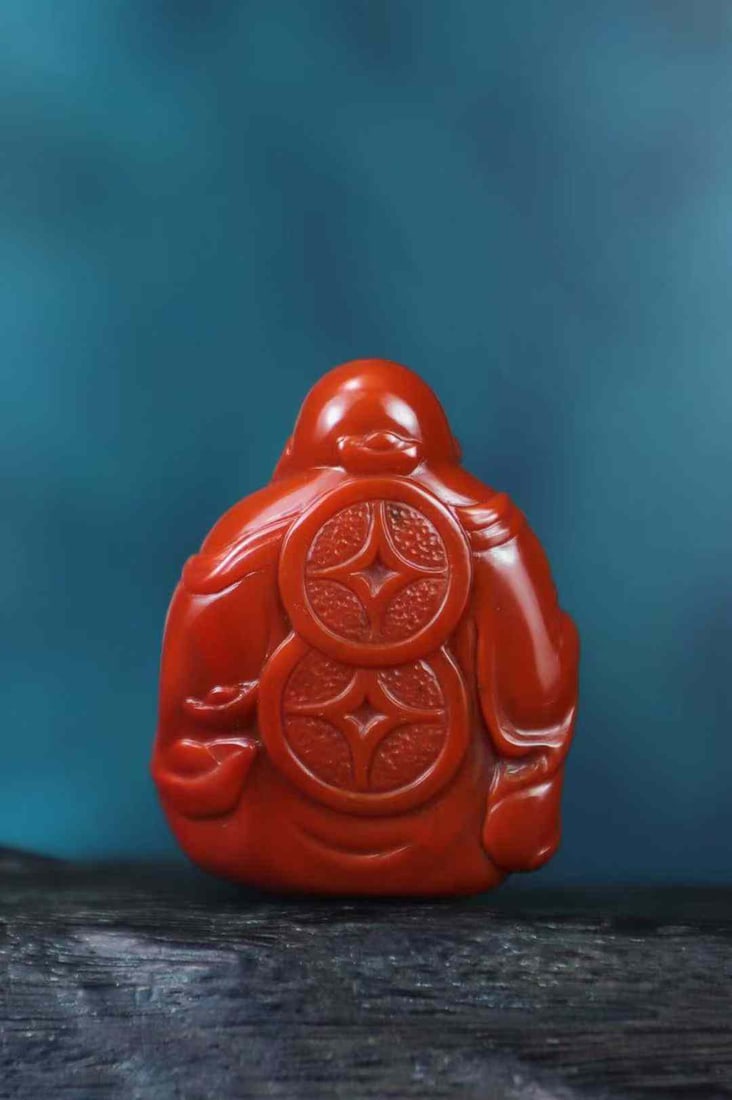 Natural Nanhong Agate Hand Carved Laughing Buddha Pendant with Certificate - 6