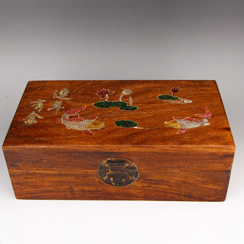 Huali Wood Inlay Shell Jewelry Box Fish Lotus - 2