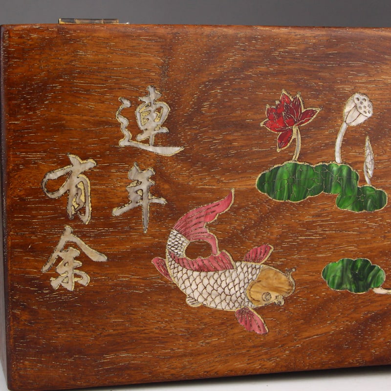 Huali Wood Inlay Shell Jewelry Box Fish Lotus - 9