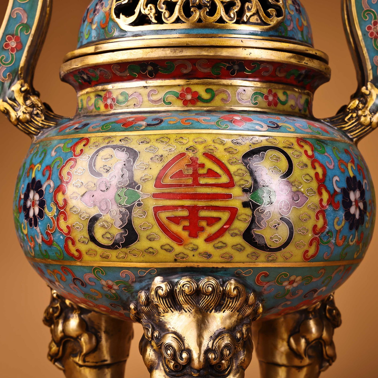 Gilt Gold Bronze Cloisonne Incense Burner Lion - 3