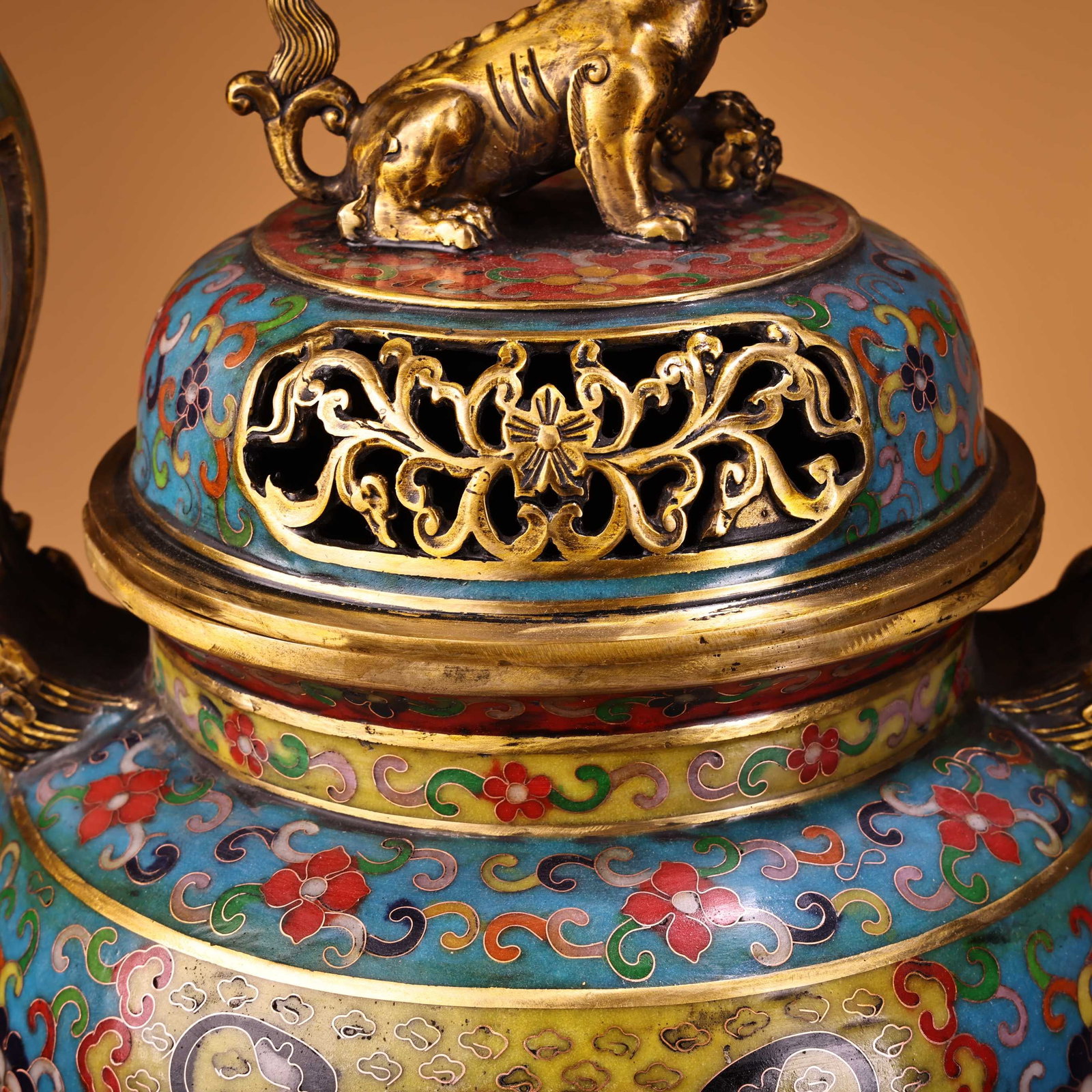 Gilt Gold Bronze Cloisonne Incense Burner Lion - 4