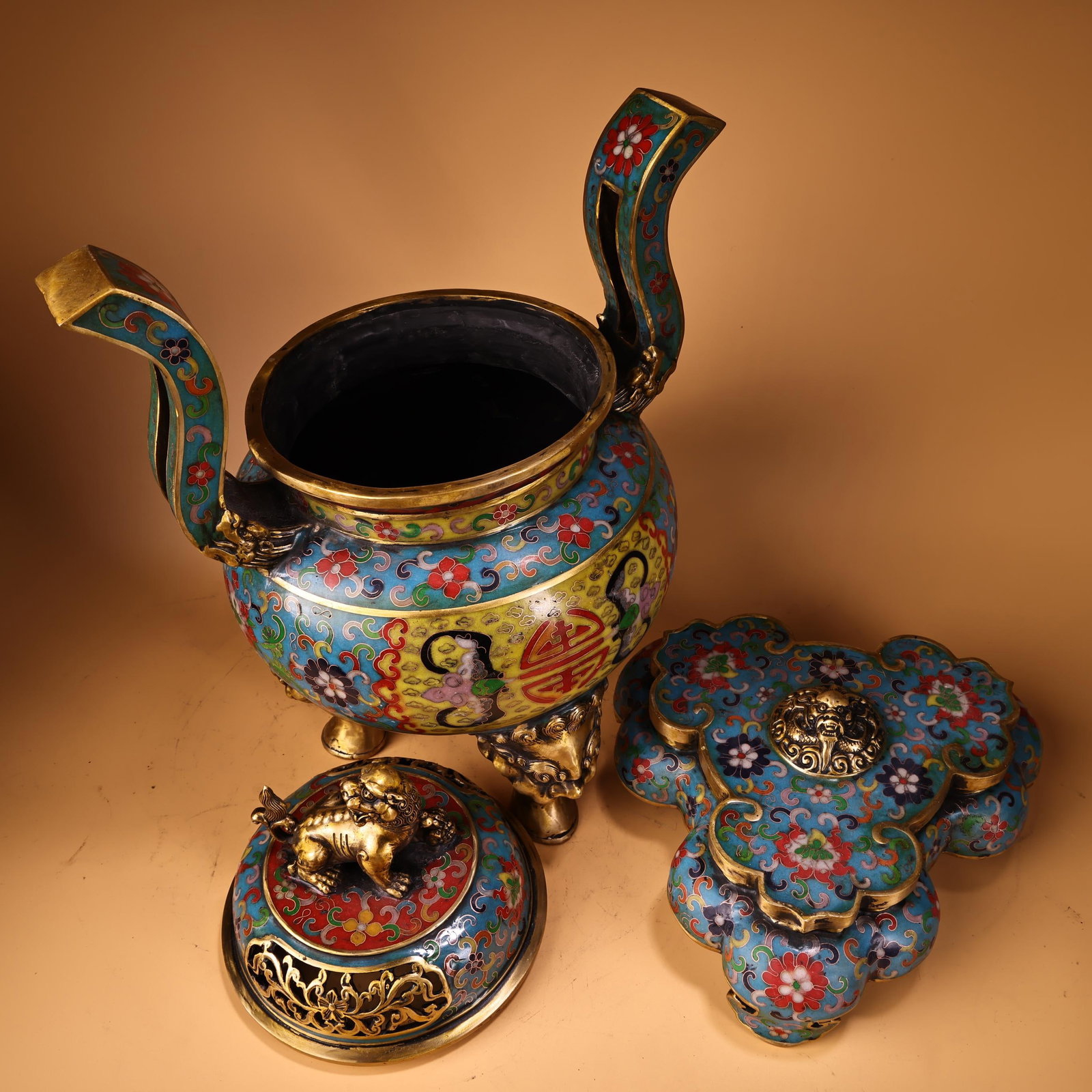 Gilt Gold Bronze Cloisonne Incense Burner Lion - 5