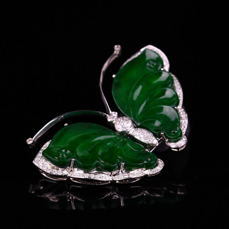 18K Gold Inlay Green Jadeite Pendant Butterfly - 2