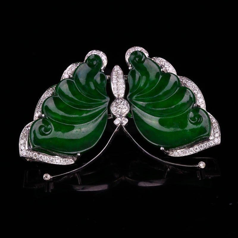 18K Gold Inlay Green Jadeite Pendant Butterfly - 5