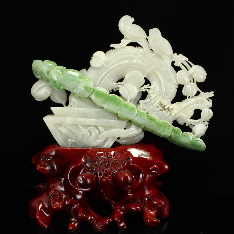 Hetian Jade Hand-Carved Flower Bird Statue - 2