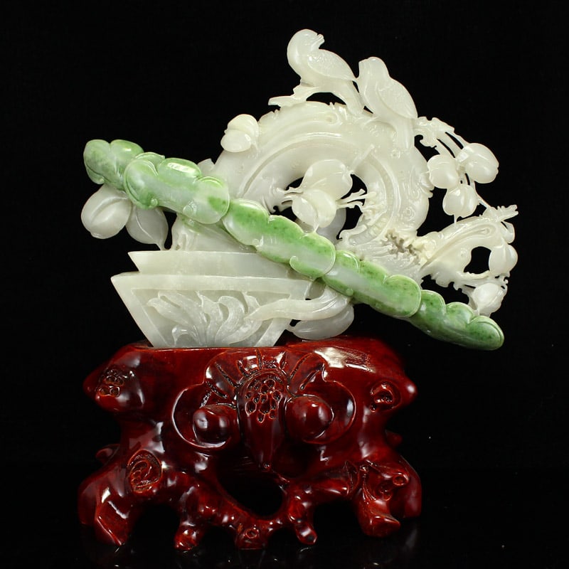 Hetian Jade Hand-Carved Flower Bird Statue - 3