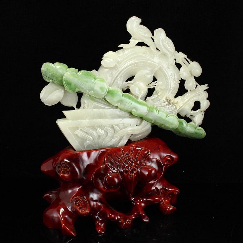 Hetian Jade Hand-Carved Flower Bird Statue - 7