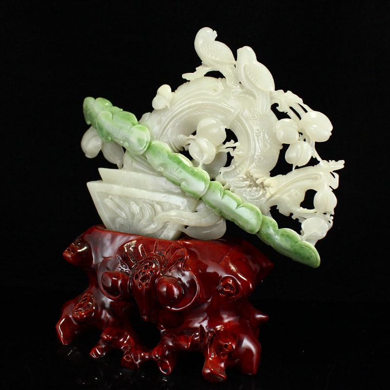 Hetian Jade Hand-Carved Flower Bird Statue - 8