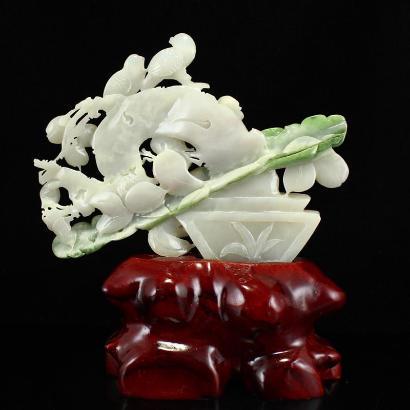Hetian Jade Hand-Carved Flower Bird Statue - 9