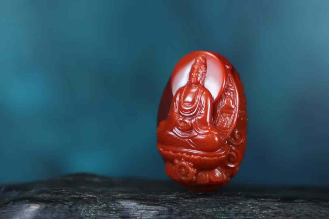Nanhong Agate Hand-Carved Kwan-yin Pendant with Certificate - 3